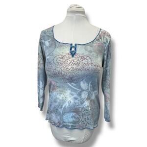 One World Women’s 3/4 Sleeve Floral with Sequin Blouse, Blue, size L